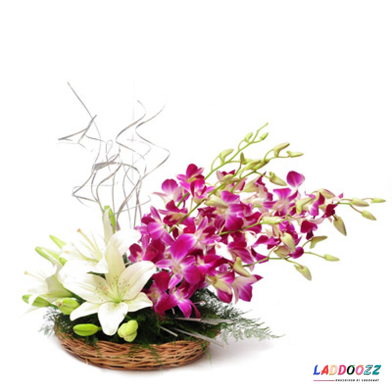 Mix of Orchids and Lilies Flower Basket